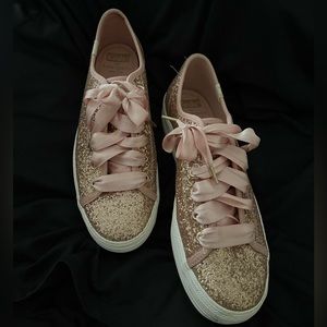kate spade fashion sneakers, sequined in rose gold, chunky platform heel.